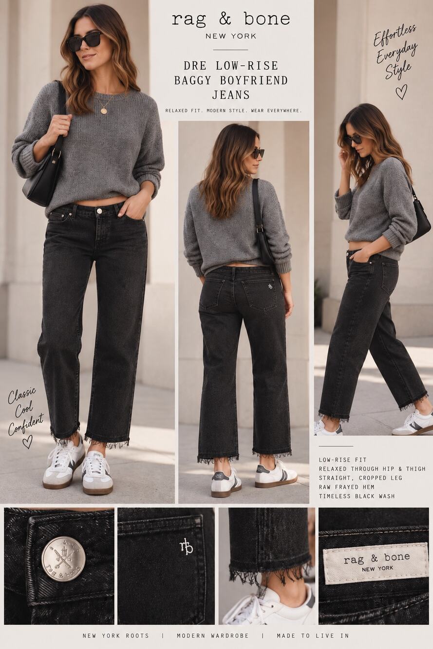 Rag & Bone Dre Jeans 29 Daria Black Low Rise Baggy Boyfriend Raw Hem